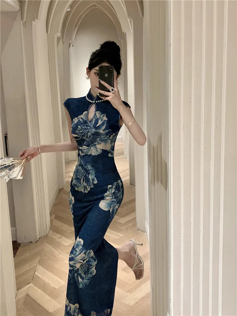 LIZAKOSHT  -  Retro Fashion Pearl Women's Skirt Slim Fit Printed High Quality Slimming  Dress Korean Style Stand Collar Wrap around