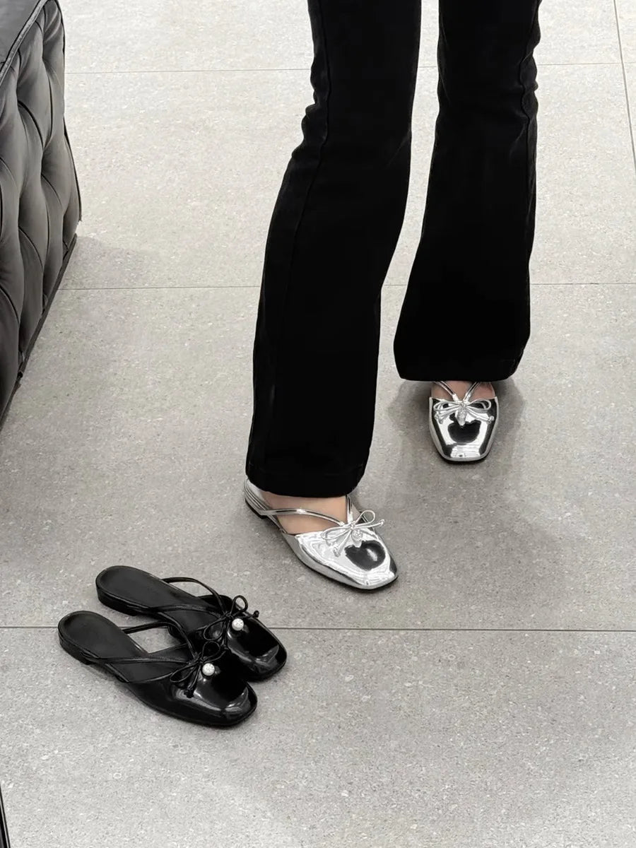 LIZAKOSHT  -  Sliver leather bowtie slippers women Square Toe flower embroider sandals low heel outdoor summer pantuflas mujer big size 43