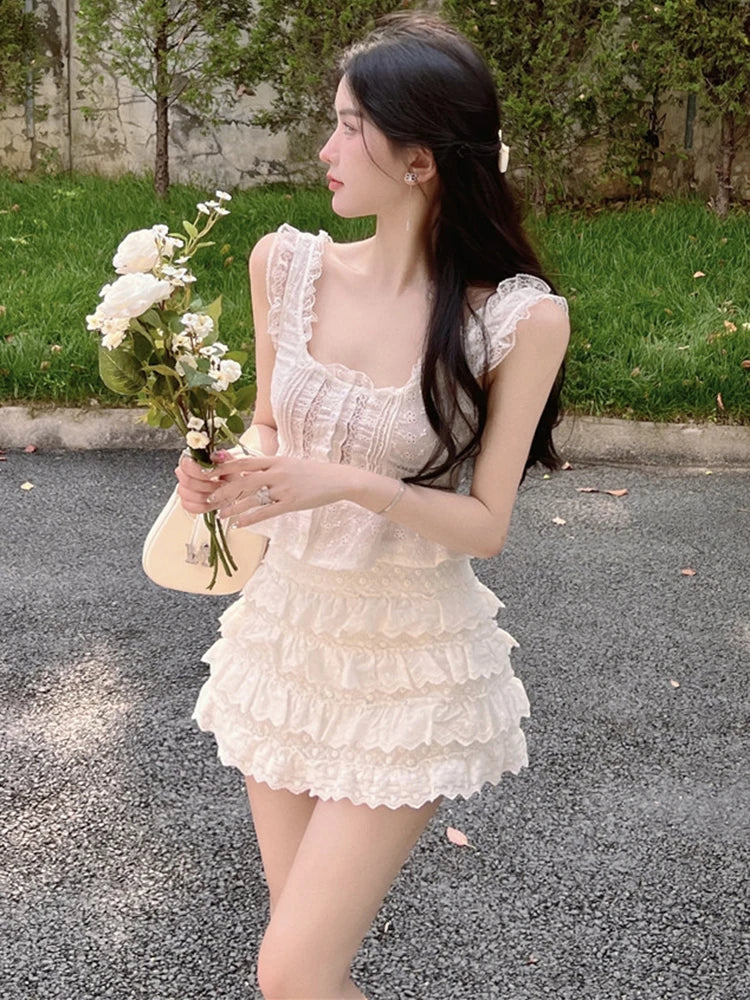 LIZAKOSHT  -  Summer Girl Sweet Fashion Two Piece Set Women Hotsweet Sexy Ruffles Tank Top + Skirt Sets Holiday Beach 2 Piece Suits