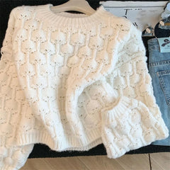 LIZAKOSHT  -  Women's All-match Retro Pullover Elegant Tops Winter New Knitwear Short Sweater Casual Hollow Out Knitting Sweater Pullover