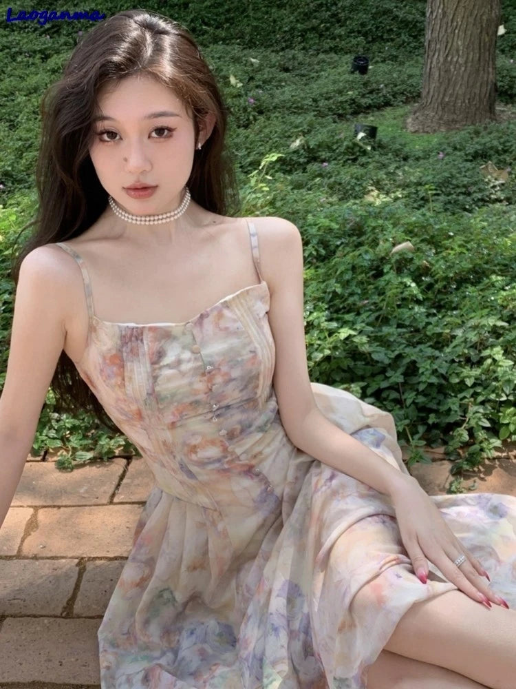 LIZAKOSHT  -  French Style Fairy Romantic Floral Printed Camisole Dress Ladies New Casual Beach Holiday Dresses Summer Midi Women Robe