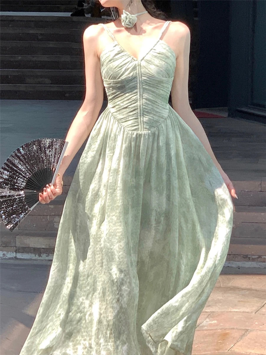 Lizakosht Midi Dress Women Elegant Summer 2023 New Fashion Evening Lady Vintage Sleeveless Sexy Beach Dresses Female Slim Green Clothes