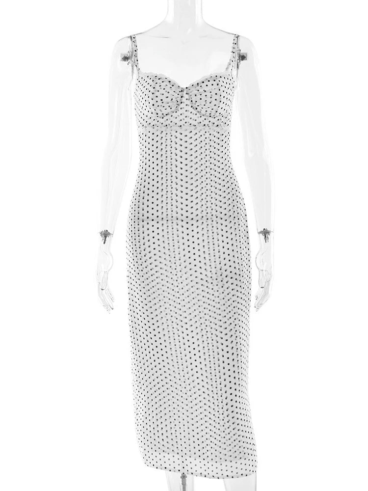 LIZAKOSHT  -  Elegant Lace Patchwork Chiffon Polka Dot Dress White Black Summer Women Spaghetti Strap Zipper Evening Party Dresses