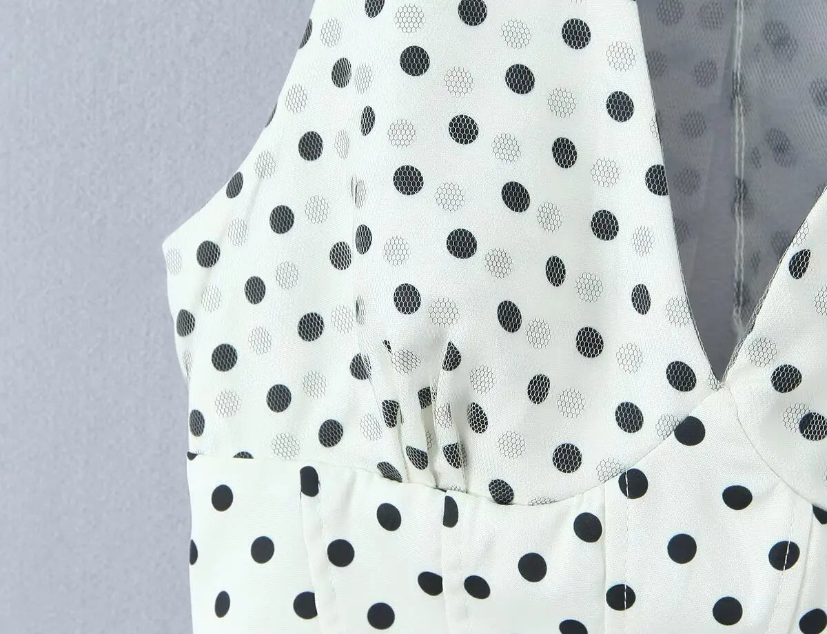 LIZAKOSHT  -  Sexy Polka Dot Print Spliced Mesh Bow Halter Dress Women Backless Slim Low Waist Swing Ball Gown Short Sling Dresses Vestidos