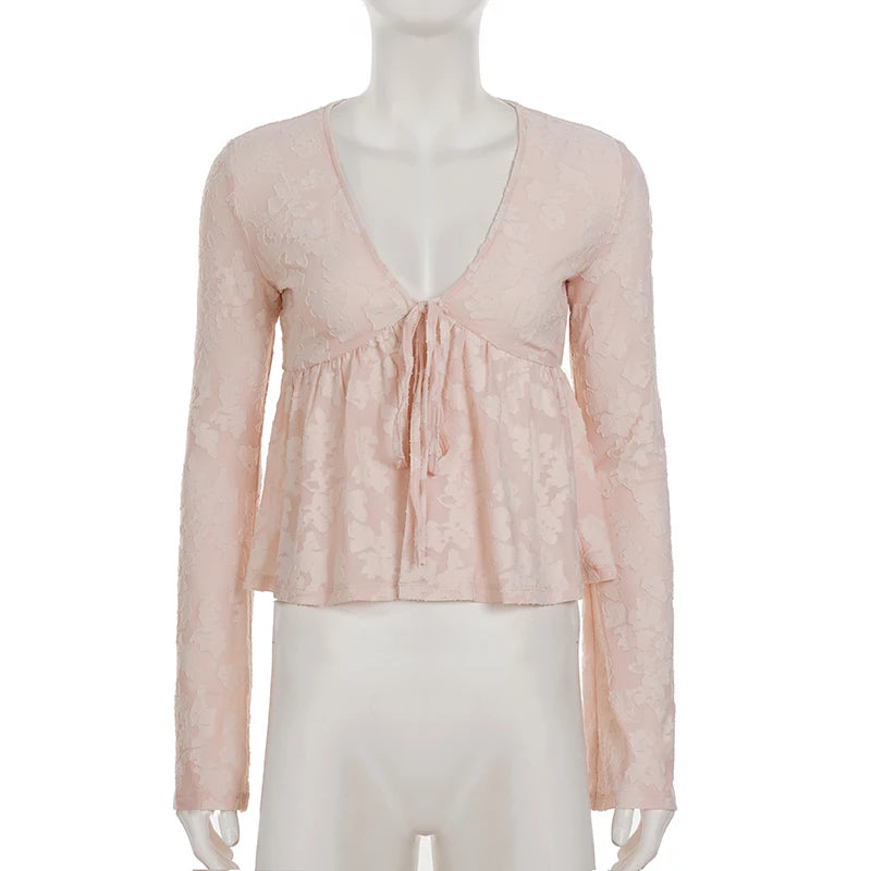 LIZAKOSHT  -  Pink Sweet Cute V-Neck Bow Tie T-Shirt Casual Lace Long-Sleeve Top Autumn Clothing For Women Chic Streetwear Outfits