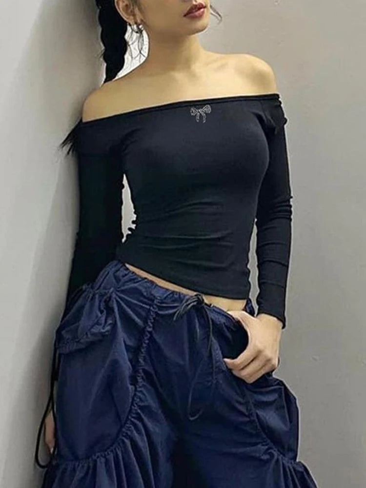 LIZAKOSHT Off Shoulder T-shirt Women Korean Fashion Crop Tops Female Autumn Sexy Bodycon Tees Slim Hotsweet Top Spicy Girl Tees