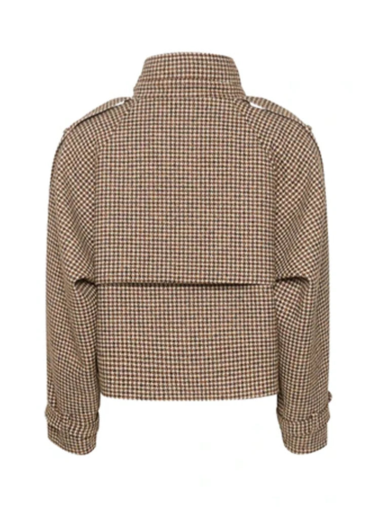 LIZAKOSHT  -  Vintage Women Stand Collar Plaid Coat Long Sleeve Double Button Pockets Thick Cropped Jacket 2025 Autumn Winter Lady Outwear