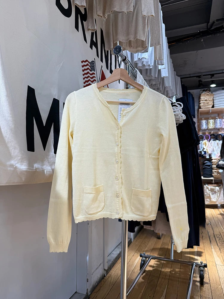 LIZAKOSHT  -  Pockets Yellow Knitted Cardigan Women Lace Trim O-Neck Cotton Long Sleeve Sweaters Autumn Sweet Preppy Style Knitwear Y2k Tops