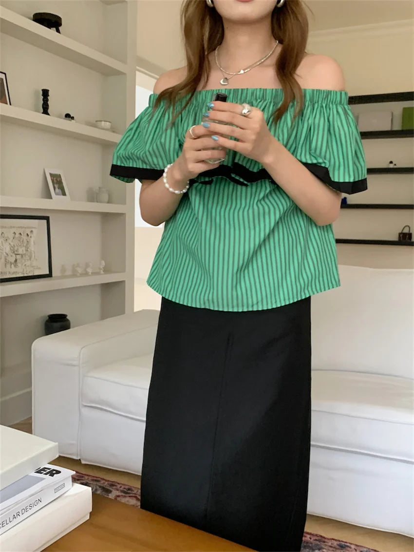 LIZAKOSHT  -  Gentle Stripes Women Tops Slash Neck Ruffles Chic Mujer All Match Summer OL Loose New Slim Daily Sexy Holiday