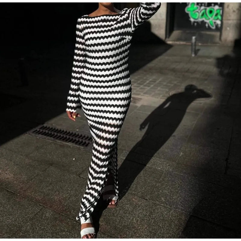 LIZAKOSHT  -  2026 Women's New One-word Neck Split Skirt Slim-fitting Striped Long-sleeved Knitted Dress Women