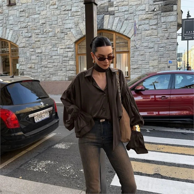 LIZAKOSHT  -  Retro Brown Shirt For Women 2025 New Summer Casual Solid Loose Single Breasted Blouse Simple Turn-down Collar Long Sleeve Shirts