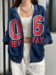LIZAKOSHT  -  Casual Loose Number Printed Hoodies Basic Zipper Up Ling Sleeve Sweatshirt Coats Women Autumn Spring Streetwear