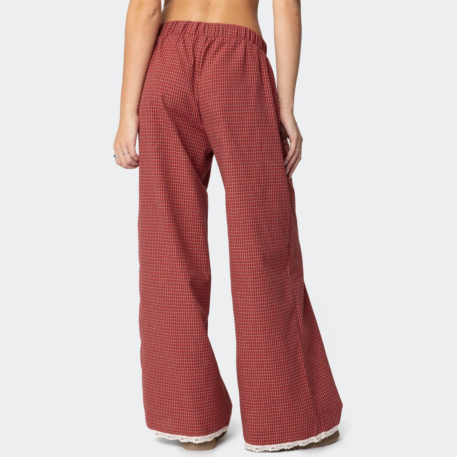 LIZAKOSHT  -  Women Red Gingham Wide Leg Pants Lace Trim Vintage Elastic Waist Straight Leg Plaid Pants Y2K Vintage Streetwear