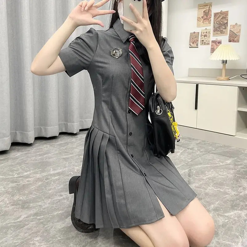 LIZAKOSHT  -  Women Dress Sweet Original JK Uniform Mini Dresses Gray Slim  Preppy Pleated Short Skirts Summer Female Trendy Clothes