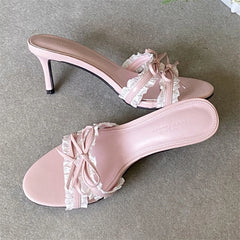 LIZAKOSHT  -  Summer Elegant Butterflykont Lace Edge Woman Slippers Fashion Thin High Heels Female Shoes Slides Zapatos De Mujer