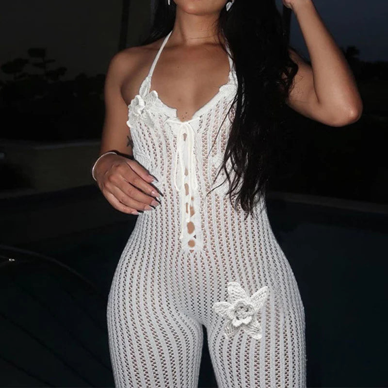 LIZAKOSHT  -  Knitted Halter High Elasticity See Through Halter Backless Solid Color Floral Appliques Club Street Low Cut Jumpsuit for Women