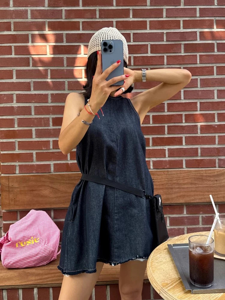 LIZAKOSHT  -  Casual Denim Vest Dress Women Korean Chic O Neck Lace Up Sleeveless Loose A-line Short Dresses Summer Fashion Vestidos