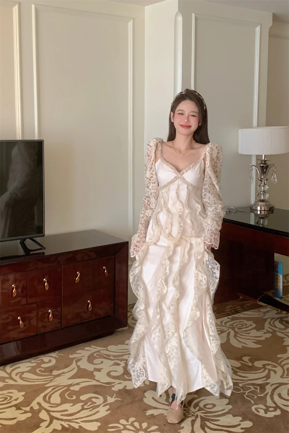 LIZAKOSHT -  Summer Pure Color Office Lady Sweet Lace Long Dress Beach Style Y2k Travel Dress Women Elegant One Piece Dress Korean
