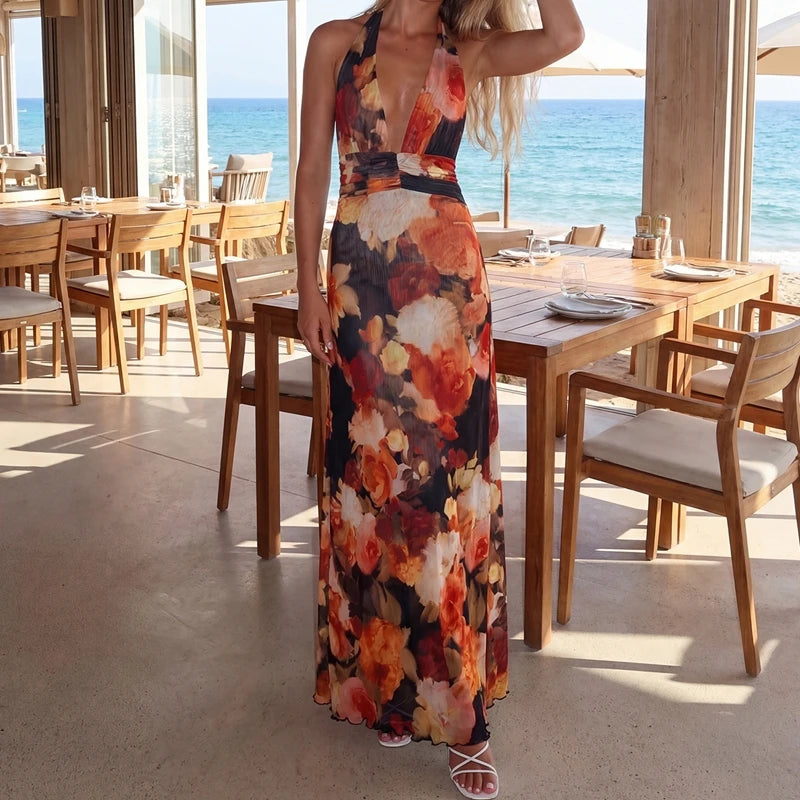 LIZAKOSHT  -  Halter Maxi Dresses Women Floral Backless Beach Vacation Long Dresses Bodycon Y2k Summer Boho Sexy Sundresses