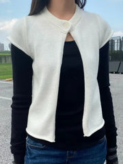 LIZAKOSHT  -   Sweet White Knitted Cardigan Women Simple Cotton Single Button Neckline Short Sleeve Sweater Vintage Preppy Style Outfit Top Y2K
