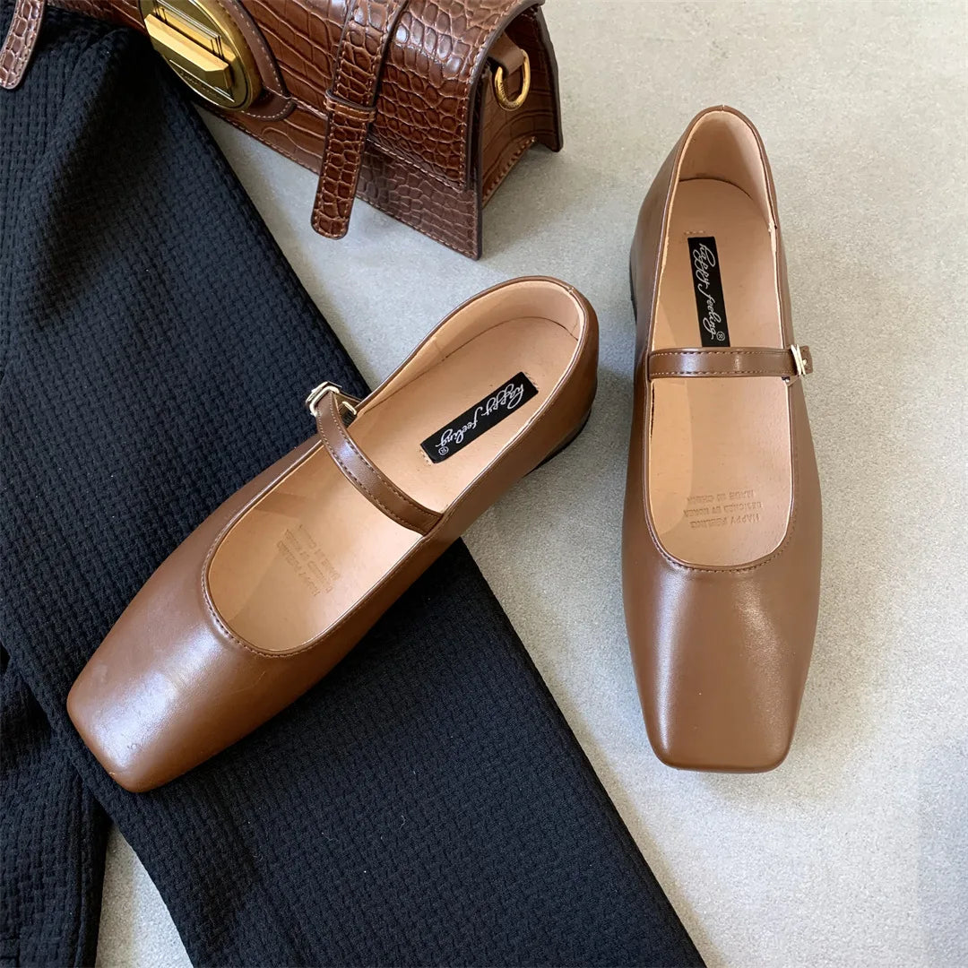 LIZAKOSHT  -  Strap Women flats square toe silver leather loafers shoes for women ladies mary janes shoes thick heel zapatos mujer