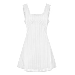 LIZAKOSHT  -  Women Summer White Short Dress Sleeveless Square Neck Lace Trim A-line Tank Dress Bohemian Casual Chic Dresses