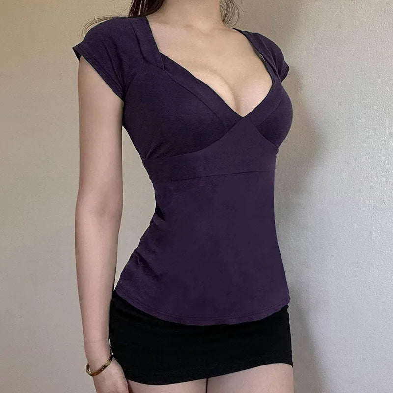 LIZAKOSHT  -  Bow Tie V Neck Short Sleeve T Shirts Women Clothing Summer Girls Tops