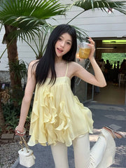 LIZAKOSHT  -  Camis Women Sweet Ruffles Patchwork Slash Neck Backless Summer Fashion Solid Tank Tops Female French Style Chic
