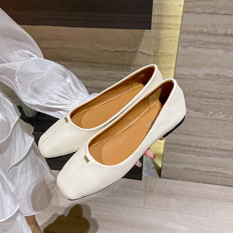 LIZAKOSHT -  brief style women moccasins meatal decoration slip on loafers square toe soft leather flats women working shoes big size 43