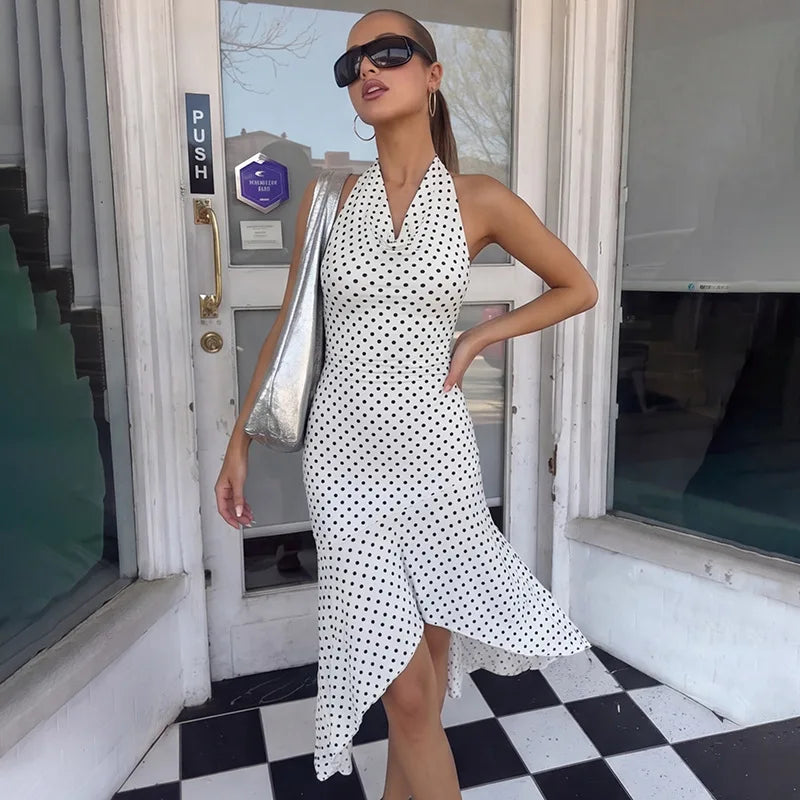 LIZAKOSHT  -  Woman Clothes Halter Backless Polka Dot White Dress Summer Off Shoulder Sleeveless Ruffles Evening Party Dresses
