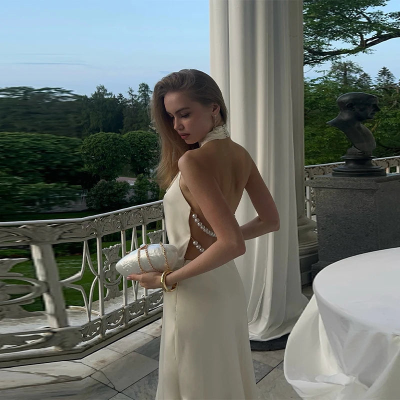 LIZAKOSHT  -  Sexy Hanging Neck Pearl Trim Backless Maxi Dress Women Fashion Slim Fit Robes Lady 2025 Summer Evening Birthday Party Club Dress