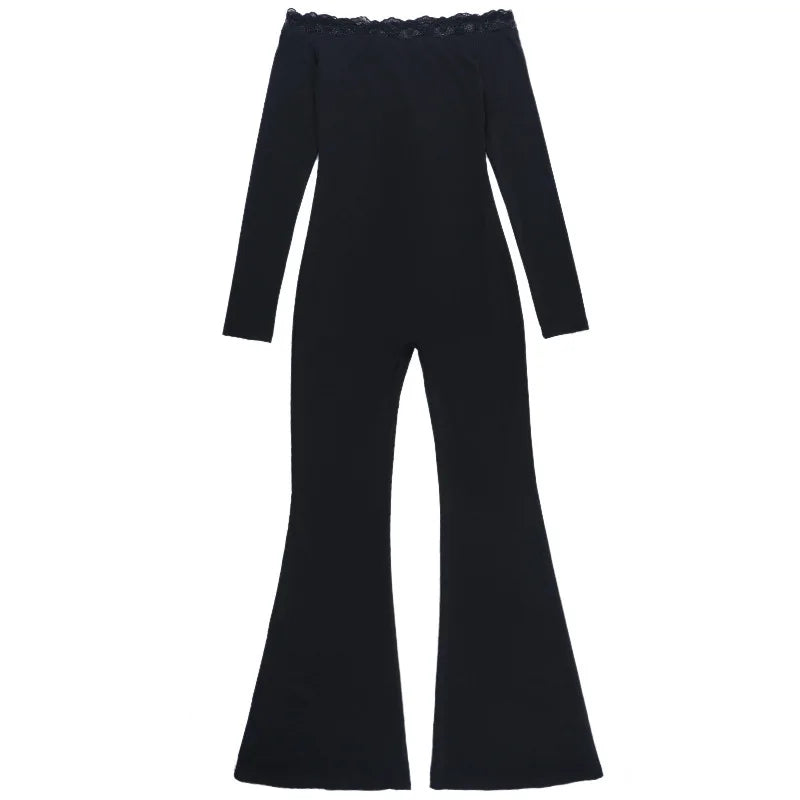 LIZAKOSHT  -  Fall Winter Elegant Off Shoulder Lace Patchwork Jumpsuit Women Long Sleeve Solid Black Slim Fit Fashion Street Outfit