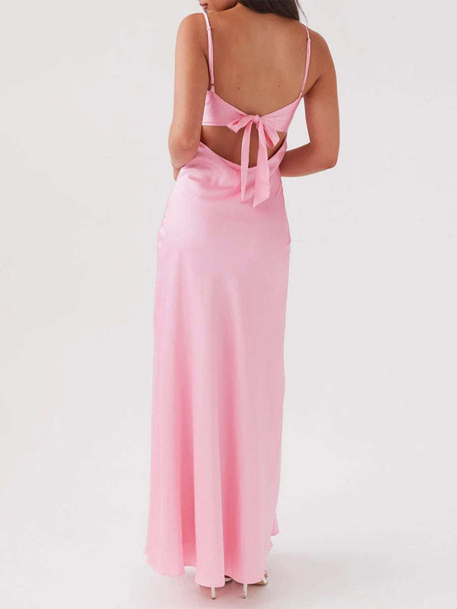 LIZAKOSHT  -  Women Cami Dress Solid Color Sleeveless Tie-Up Front Sleeveless Backless Dress Long Dress Summer Casual Spaghetti Strap Dress