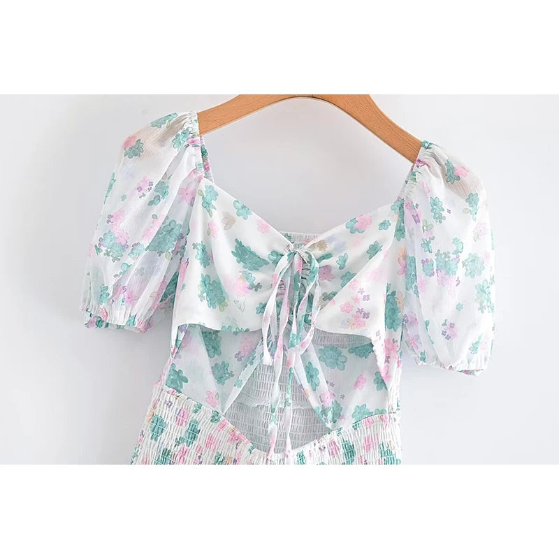 LIZAKOSHT  -  Floral Print Chiffon Summer Dress 2024 Women Vintage Puff Sleeve Drawstring V Neck Short Holiday Dresses Hollow Out Robe
