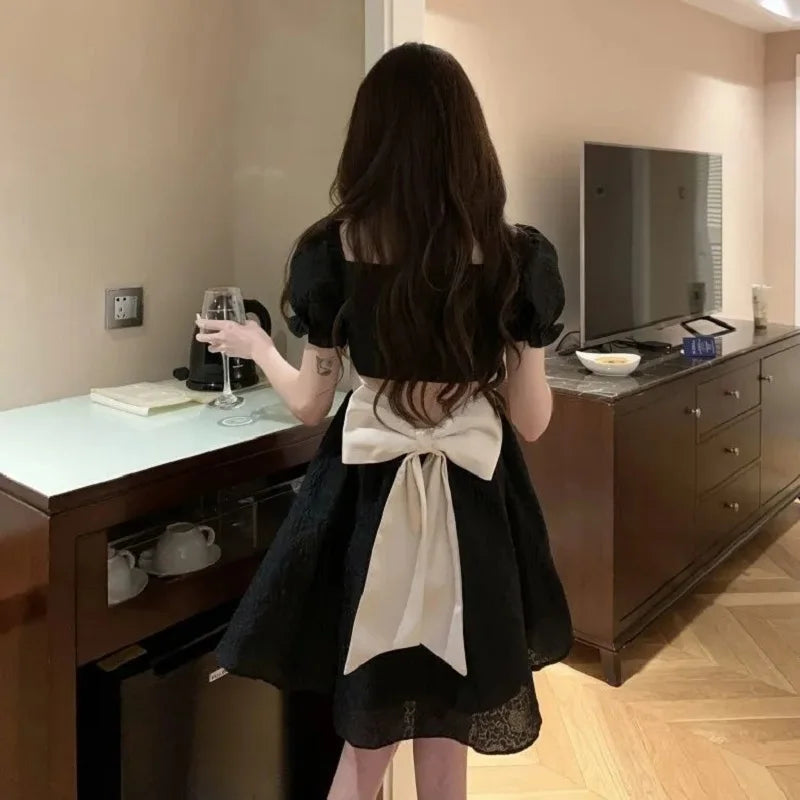 LIZAKOSHT  -  French Bubble Sleeved A-line Skirt For Womens Clothing 2024 Summer New Bow Short Sleeved Dress Female Square Neck Dresses