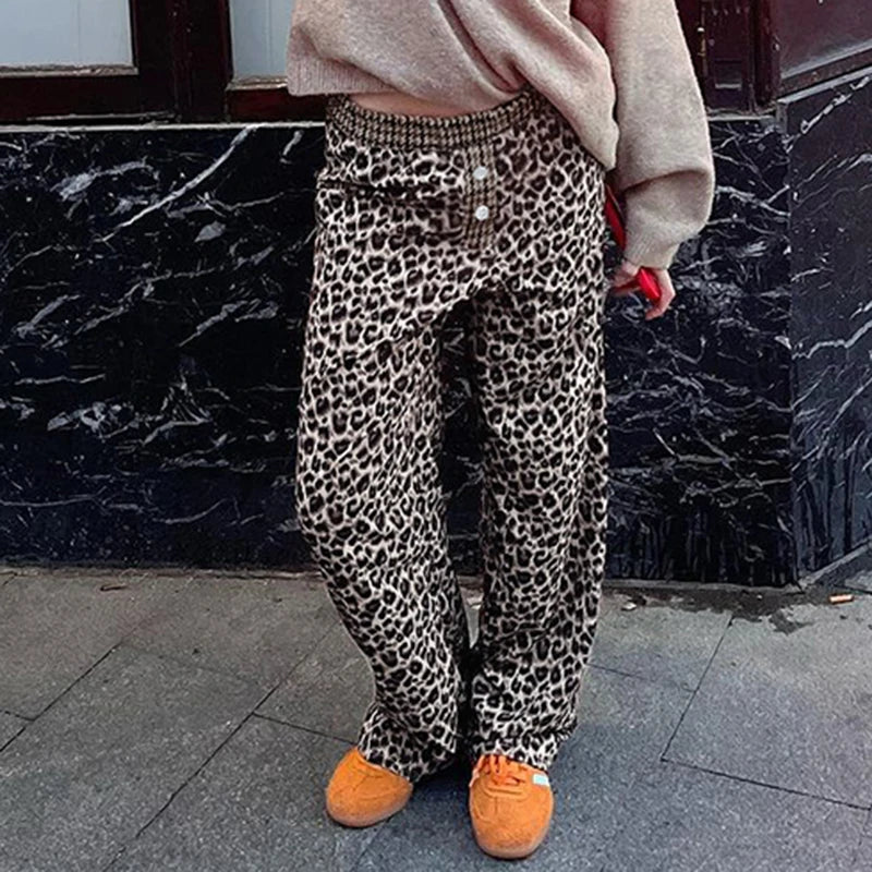 LIZAKOSHT  -  Leopard Print Patchwork Straight Pants Elastic Waist Fashion Harajuku Trousers Aesthetic 2000s Casual Baggy Bottom