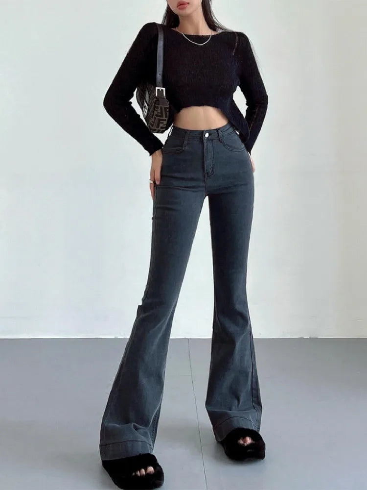 LIZAKOSHT  -  Women Vintage Stretch Denim Pants Streetwear Long Trousers Blue Black Gray Autumn Retro High Waist Floor Length Flare Jeans