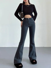 LIZAKOSHT  -  Women Vintage Stretch Denim Pants Streetwear Long Trousers Blue Black Gray Autumn Retro High Waist Floor Length Flare Jeans