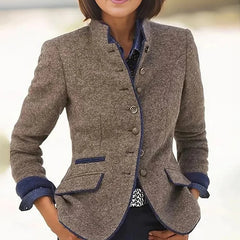 LIZAKOSHT  -  Retro Color Blocked Single Breasted Slim Jacket Lady Turtleneck Long Sleeved Commuting Coat Winter Elegant Pocket Short Outwear