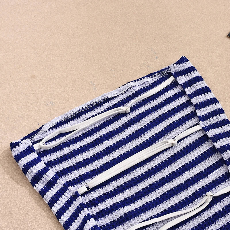 LIZAKOSHT  -  Women's Contrasting Color Casual Stripe Matching Set Strapless Cropped Vest+Shorts Fashion Sexy Slim Fit Holiday Streetwear