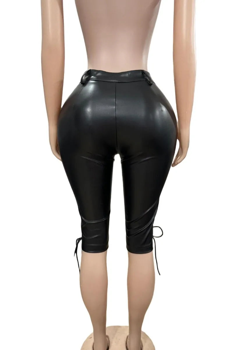 LIZAKOSHT  -  High Stretch Grommet Lace Up PU Leather Skinny Knee Length Pants Women Button Fly High Waist Zippers Slim Y2K Casual Trousers