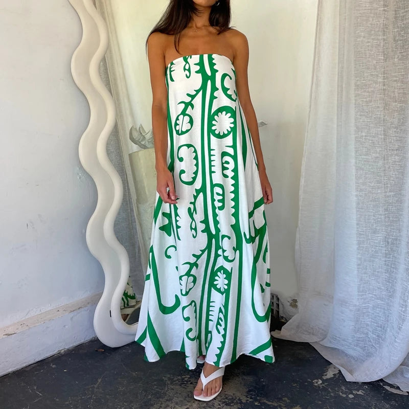 LIZAKOSHT  -  Beach Holiday Strapless Maxi Tube Dress Vintage Fruit Print Backless Swing Loose Dress Women Summer Boho Off Shoulder Long Dress