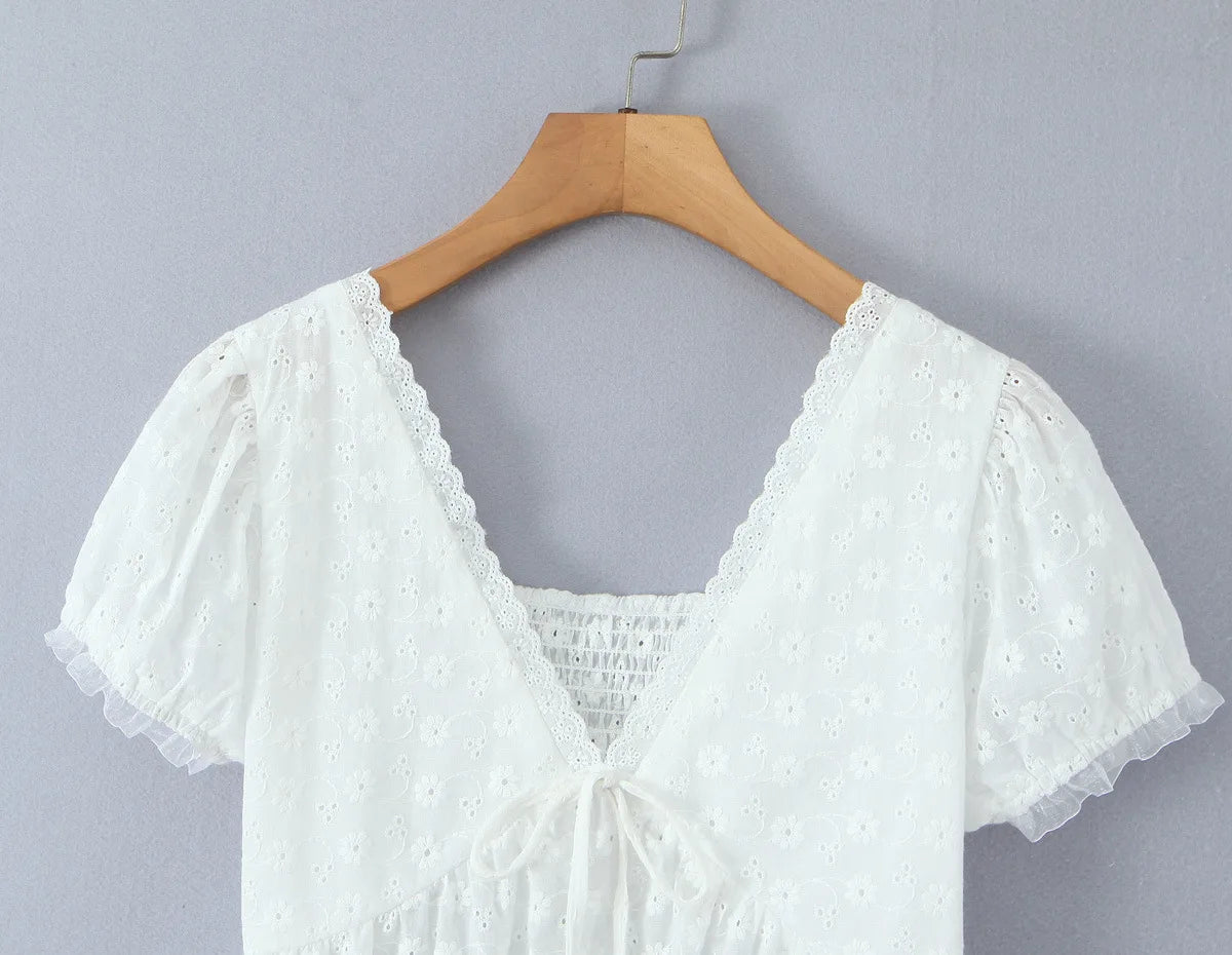 LIZAKOSHT  -  White Embroidery Hollow Out Hole Splice Lace V neck Short Puff Sleeve Shirt Women Center Button Elastic Back Slim Crop Tops