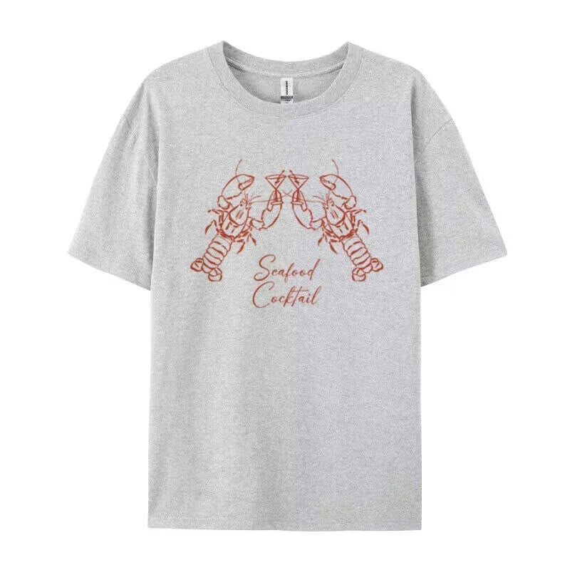 LIZAKOSHT  -  Lobster Cocktail Seafood Graphic Tees Cute Aesthetic La Dolce Vita T Shirt Short Sleeve Cotton Shirt Female Retro Women Tops Y2k
