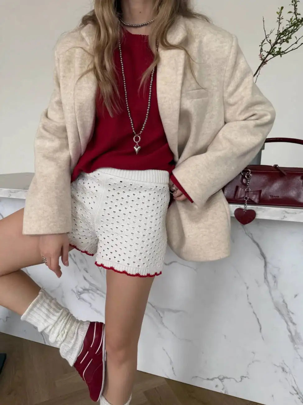 LIZAKOSHT  -  Knitted Shorts Set Fashion Casual Clashing Cardigan Top Lace Up Shorts Set Women  Vacation Sports Knitted Shorts Set