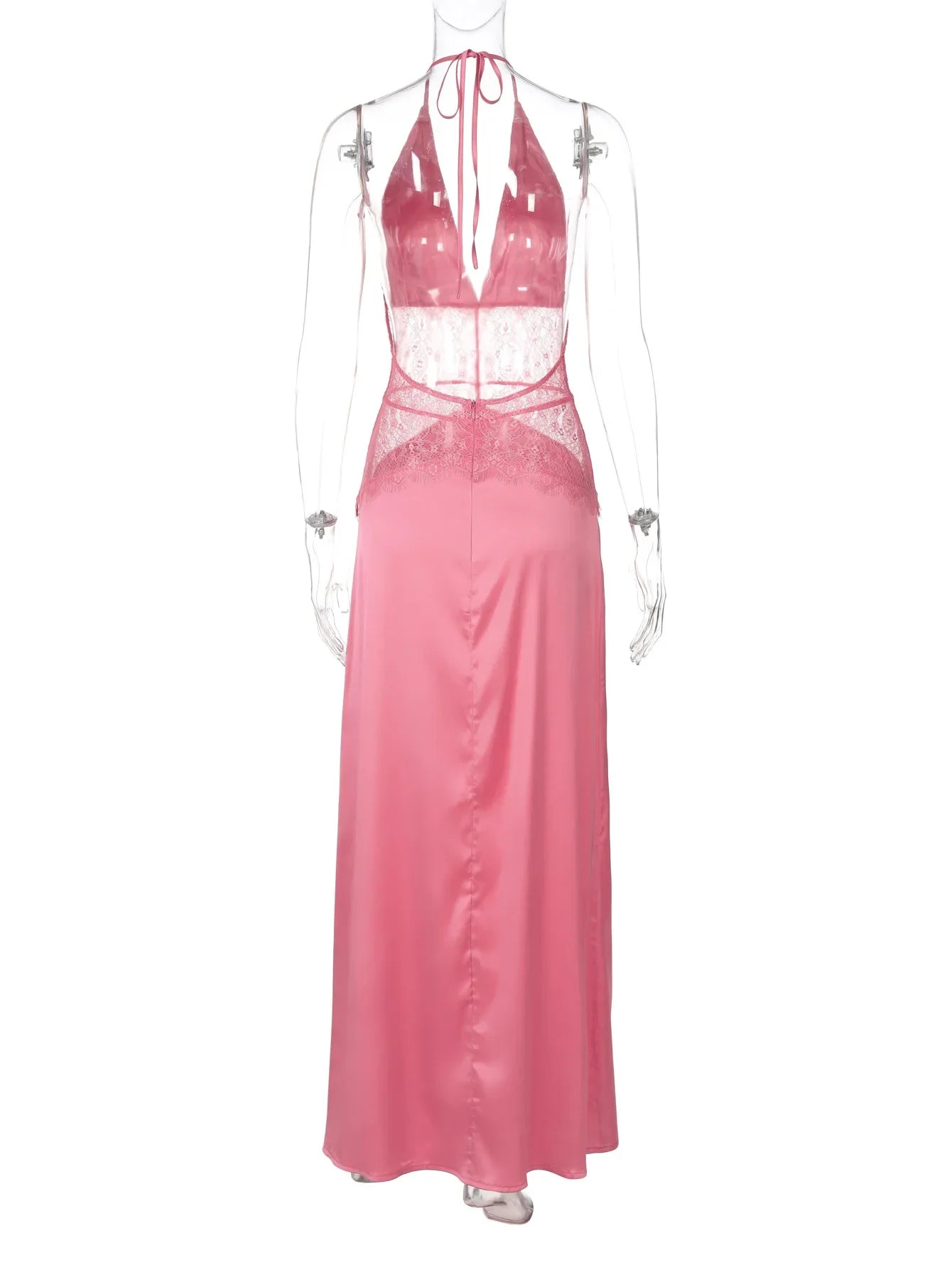LIZAKOSHT  -  V-Neck Lace Patchwork Long Dress For Women See-Through Backless Lace-Up High Waist Party Dress Female Bandage Maxi Dress