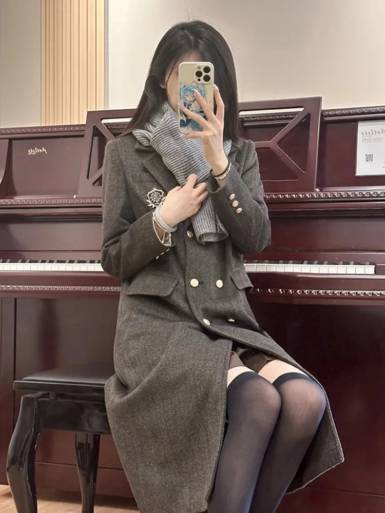 LIZAKOSHT  -  Women Retro Midi Blazer Fall Winter Preppy Button Patchwork Elegant Suit Coats Grey Long Sleeve Vintage Student Sweet New Jacket
