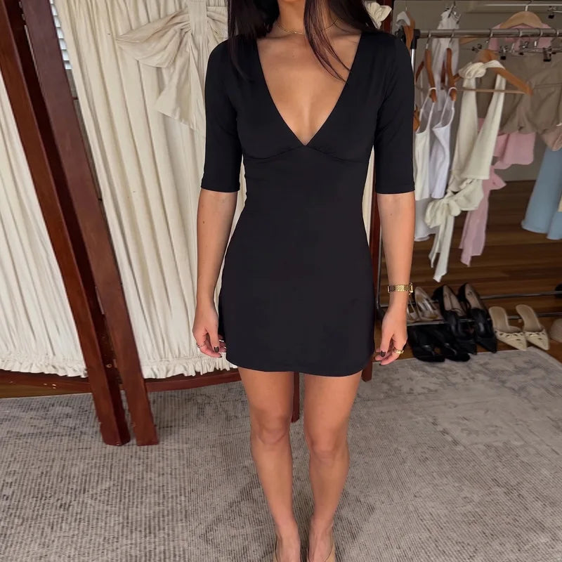 LIZAKOSHT  -  Summer Deep V-neck Backless Solid Short Dress Streetwear Y2K Women's Half Sleeve High Waist A-line Holiday Dresses