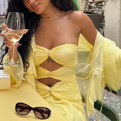 LIZAKOSHT  -  High Street Cocktail Mini Dress Sexy 2025 Strapless Night Club Hollow Backless Mini Dress Female Solid Pleat Party Dress Women