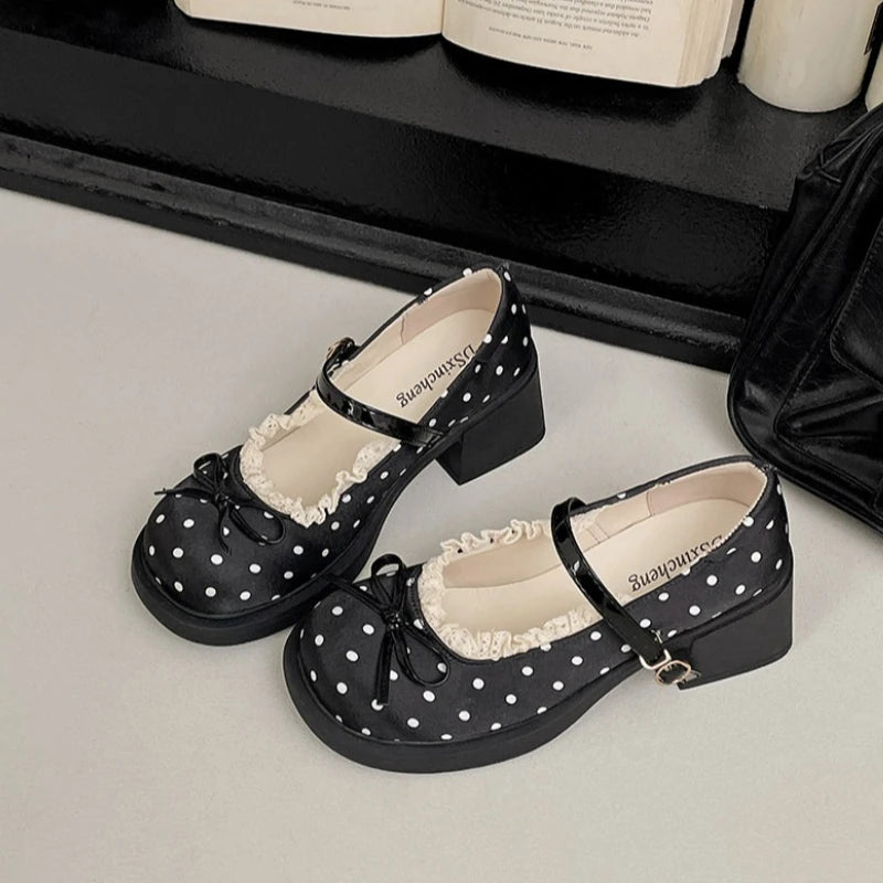 LIZAKOSHT  -  Cute Polka Dot Thick Heel Women Mary Jane Shoes Comfort Shallow Strap Pumps Ladies Eelgant Butterfly-knot Dress Single Shoes